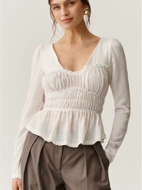 NEW Anthropologie Maeve Long-Sleeve Ivory Smocked V-Neck Peplum Top Medium